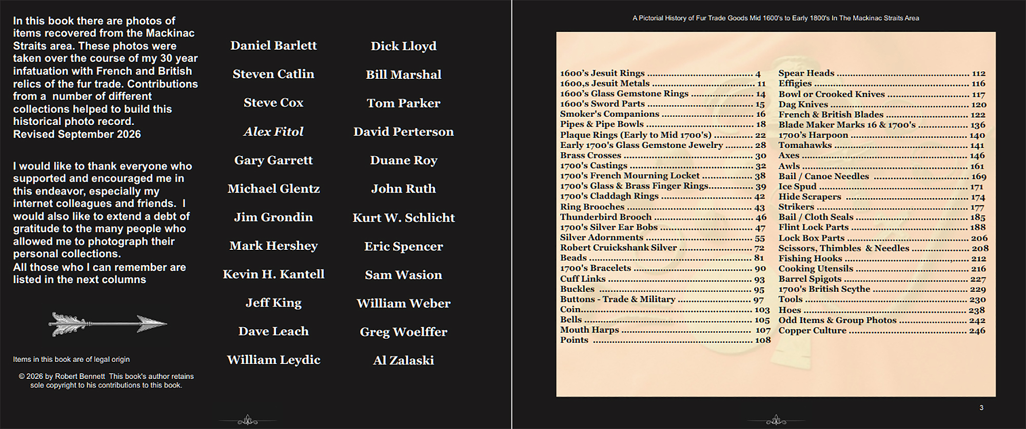 Book spread, Pages 2&ndash;3: Acknowledgements & Contents