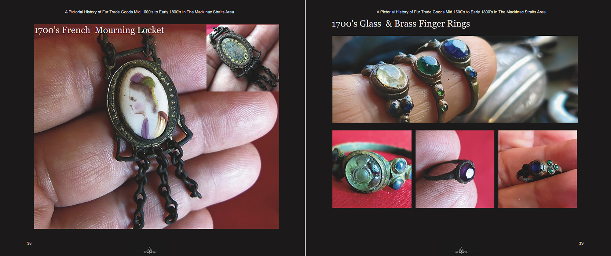 Book spread, Pages 38&ndash;39: 1700's French Mourning Locket & Glass & Brass Finger Rings